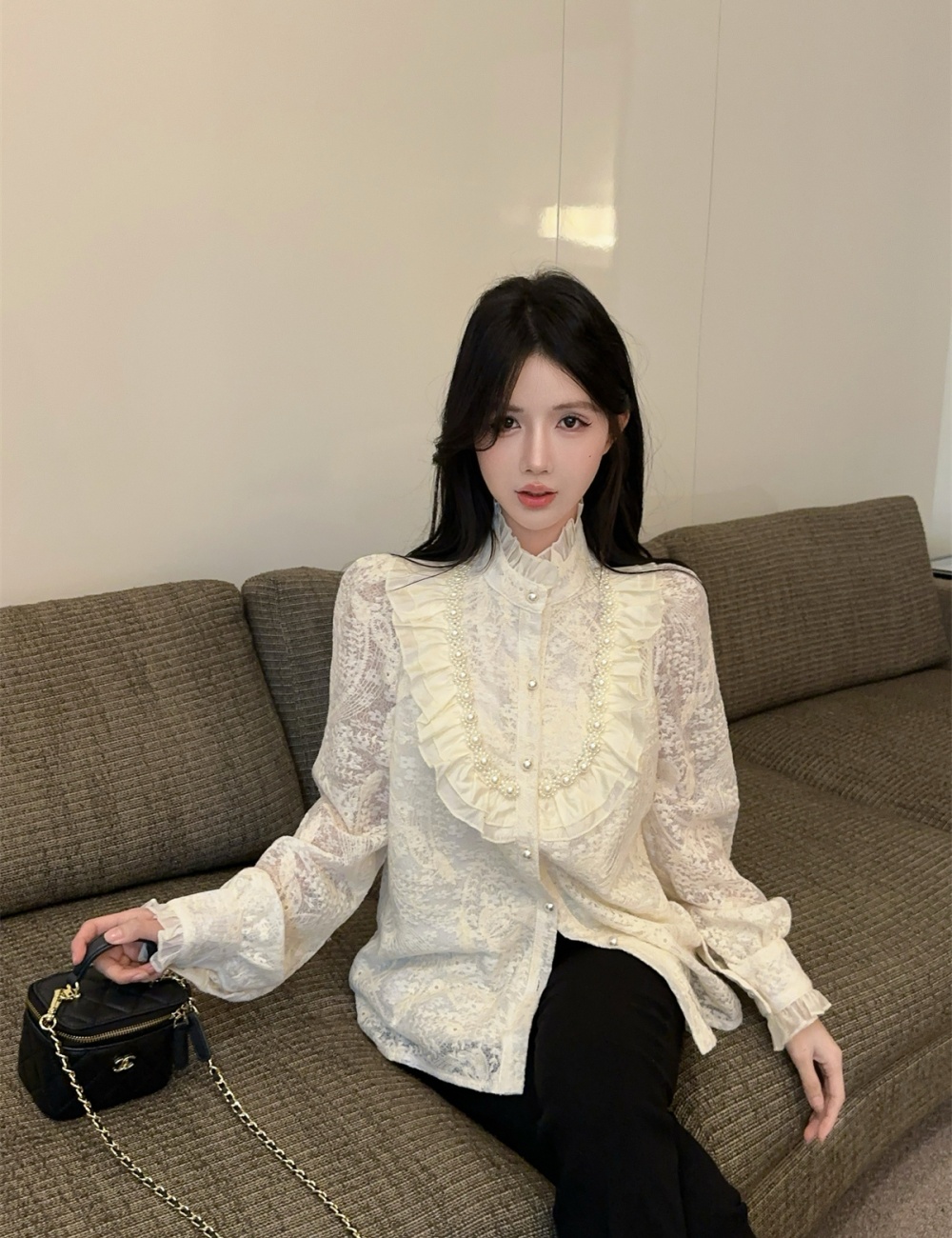 Spring long sleeve tops temperament beading shirt for women