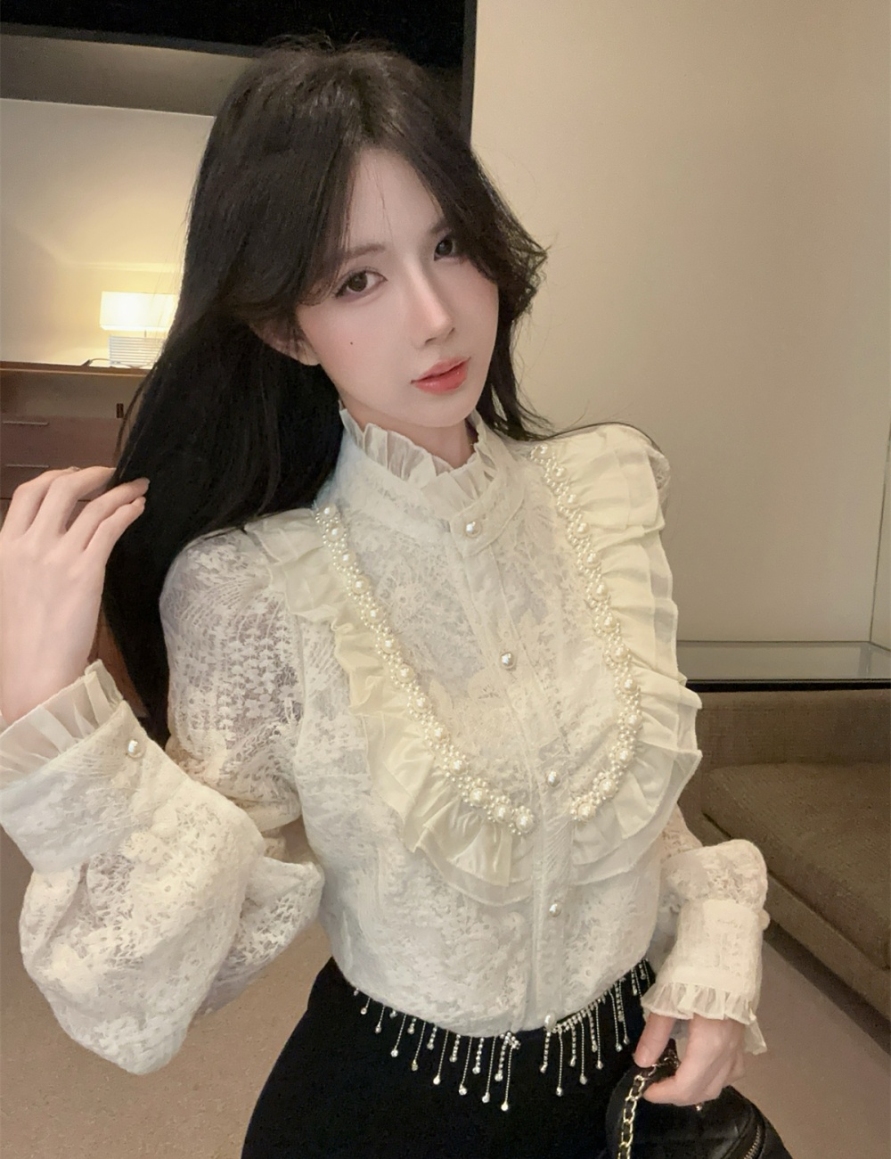 Spring long sleeve tops temperament beading shirt for women