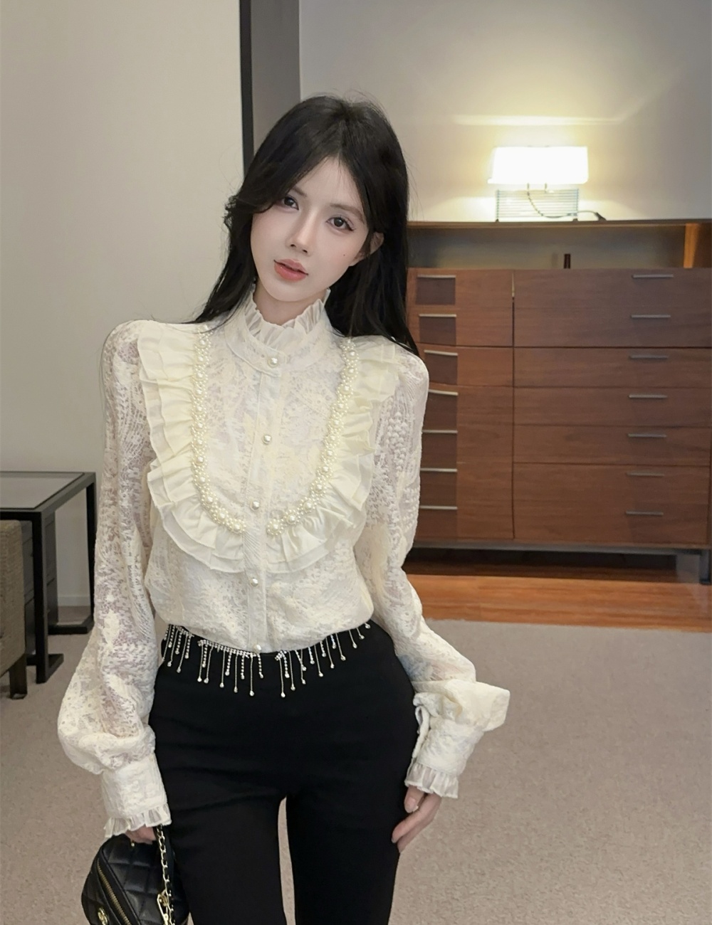 Spring long sleeve tops temperament beading shirt for women