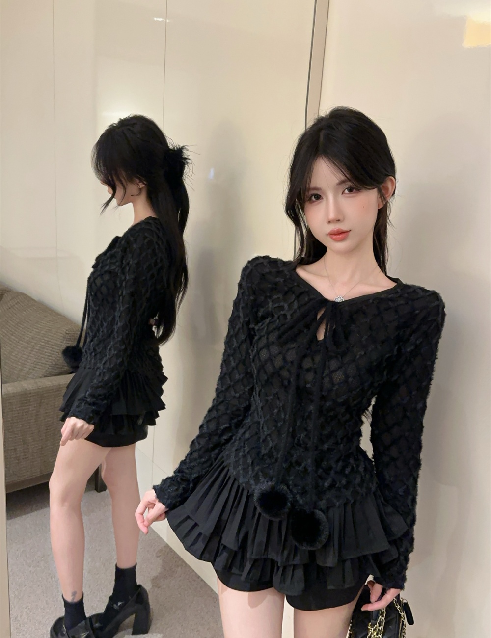 Knitted long sleeve France style hairball tops