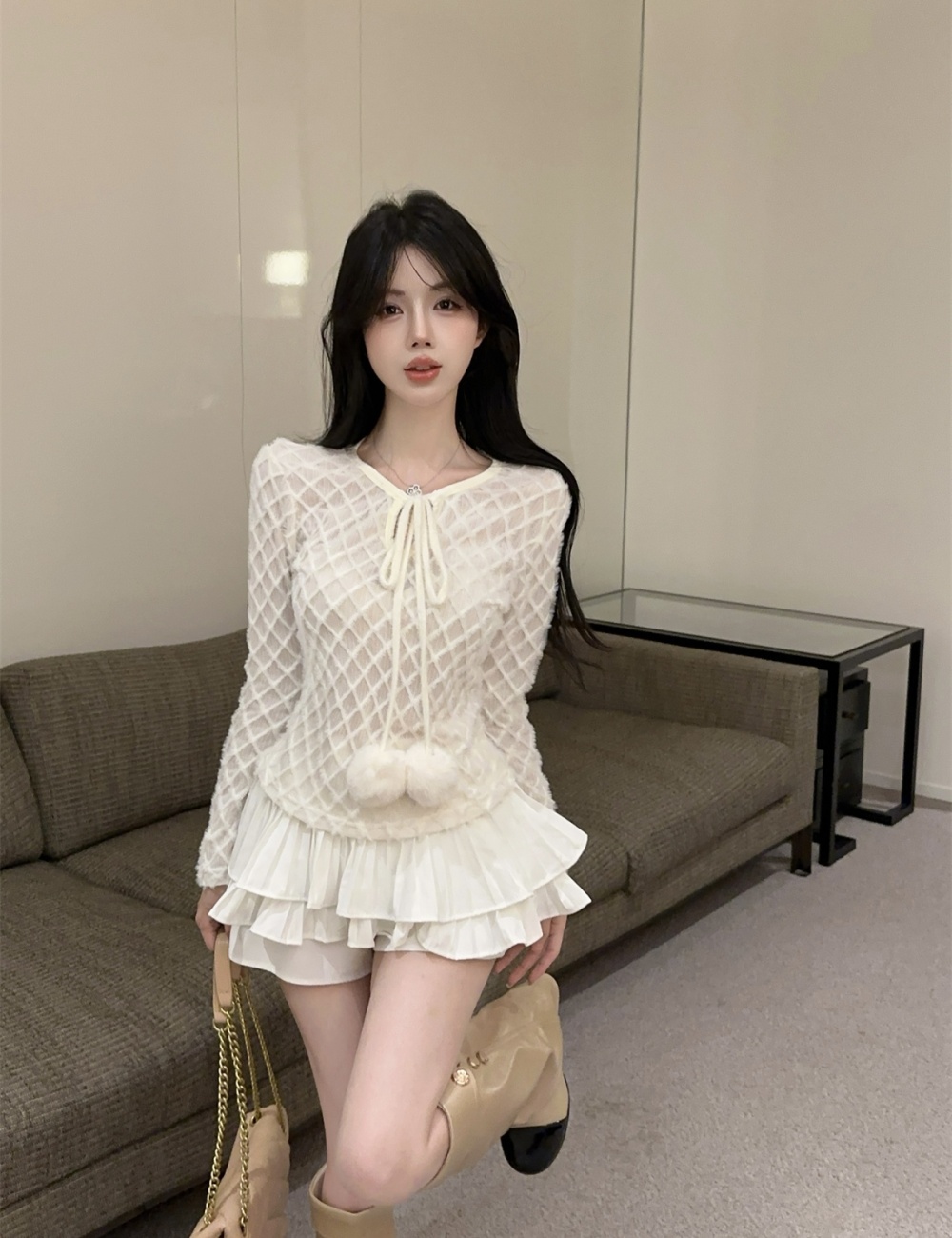 Knitted long sleeve France style hairball tops