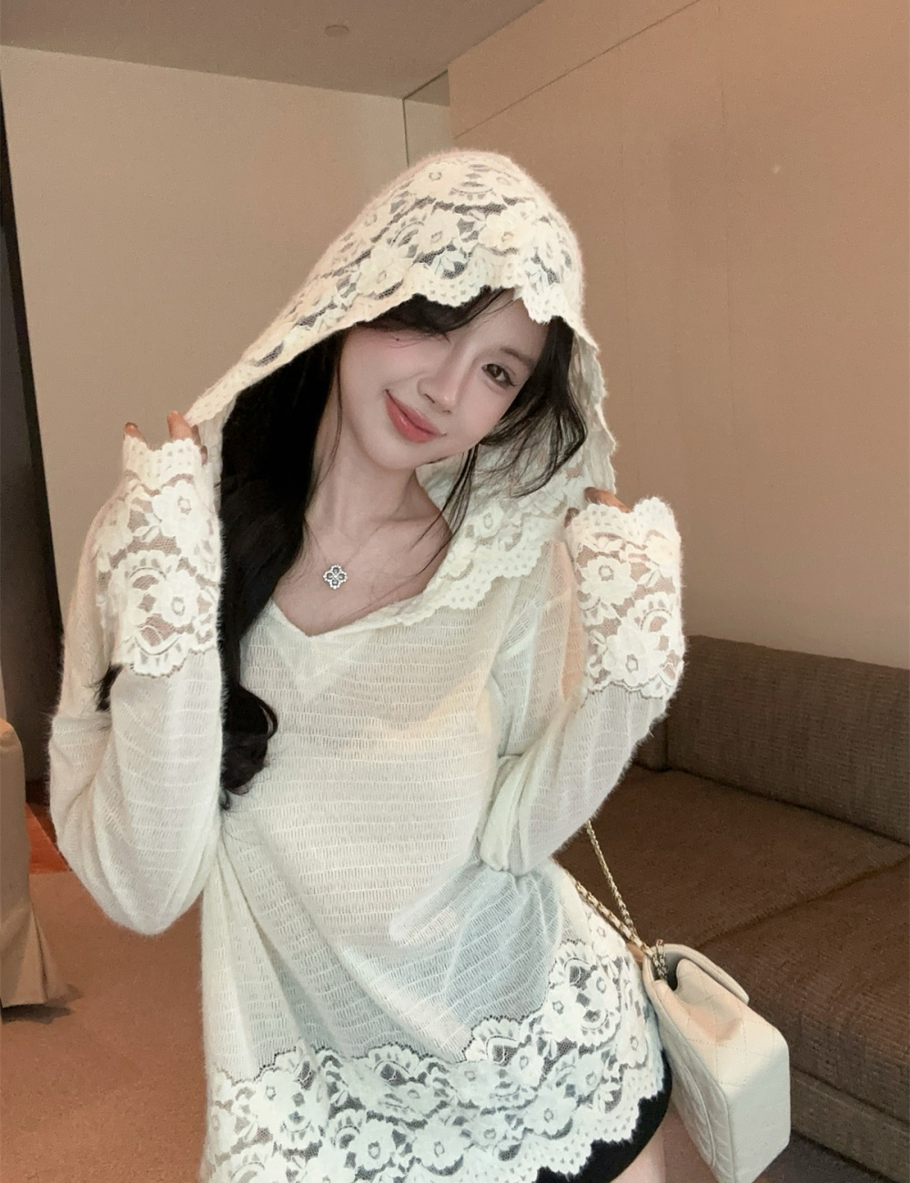 Hooded tops hook flower sweater for women