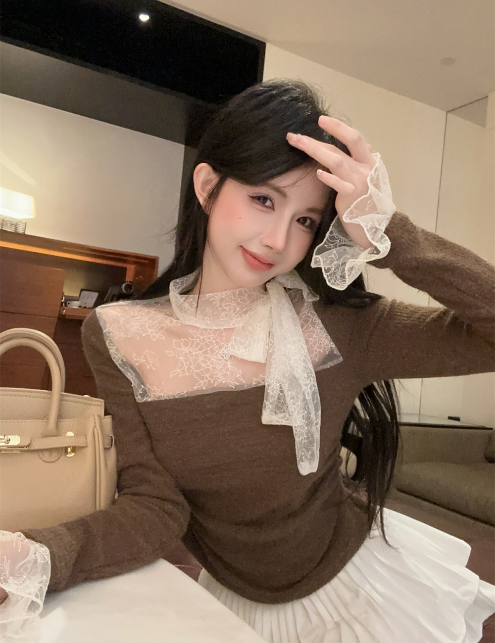 Stitching bow France style frenum knitted lace tops for women