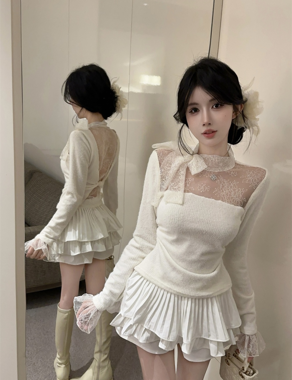 Stitching bow France style frenum knitted lace tops for women