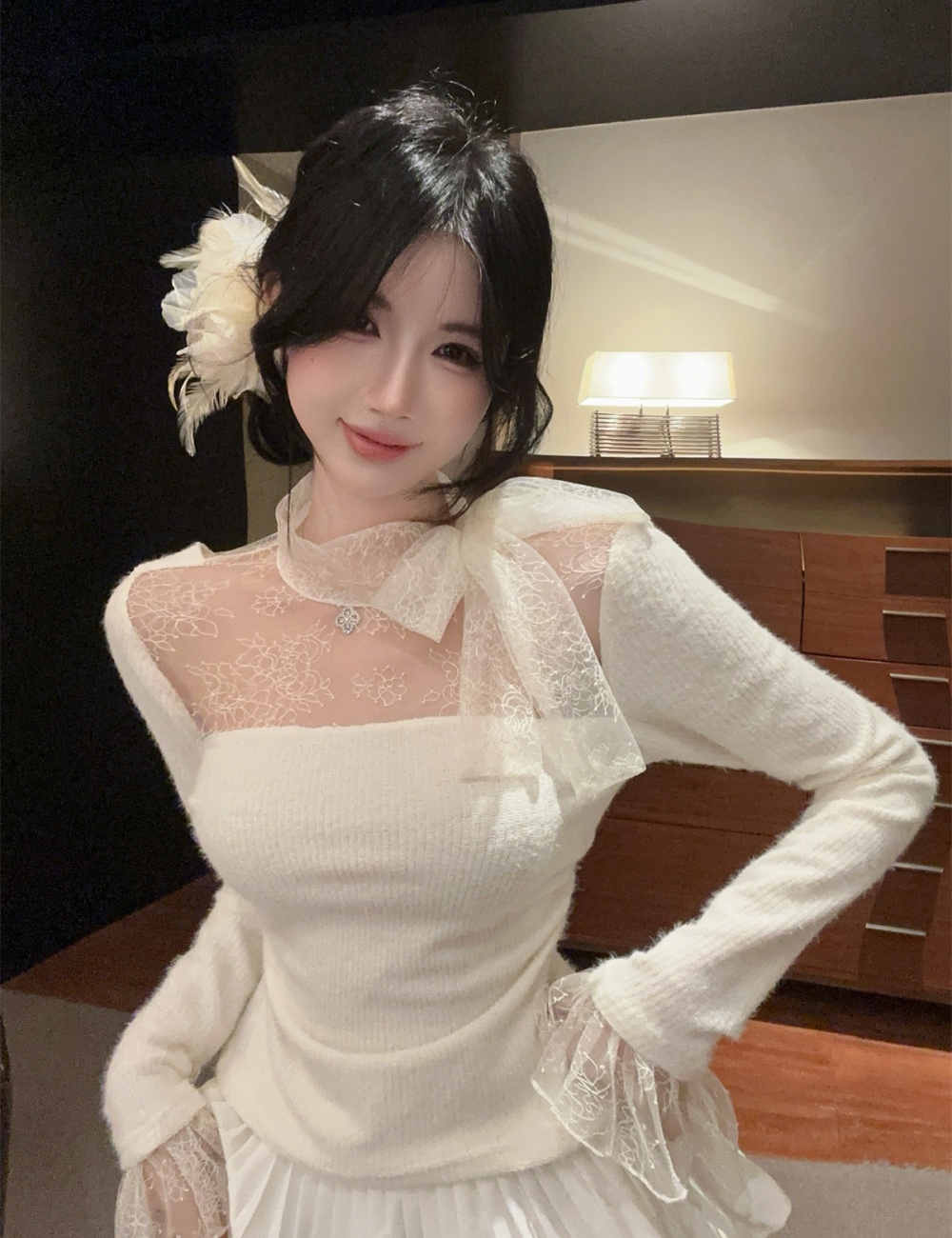 Knitted stitching halter lace trumpet sleeves tops for women