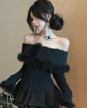 Ostrich hair knitted temperament lapel flat shoulder tops