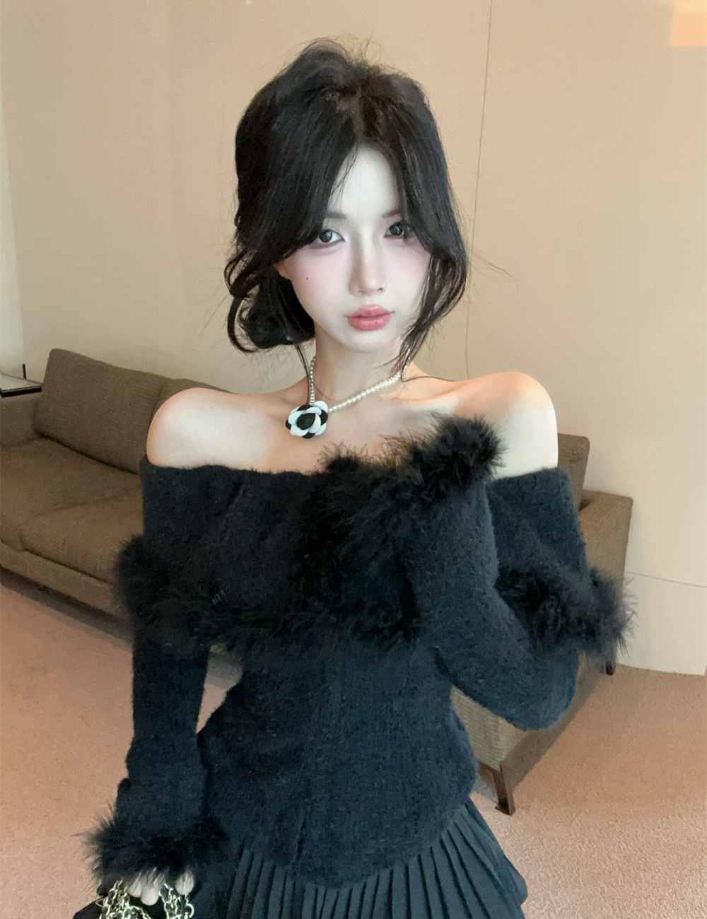 Ostrich hair knitted temperament lapel flat shoulder tops