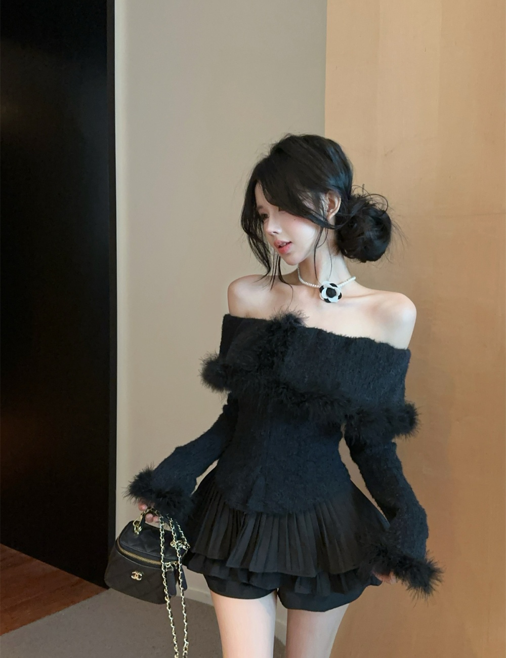 Ostrich hair knitted temperament lapel flat shoulder tops