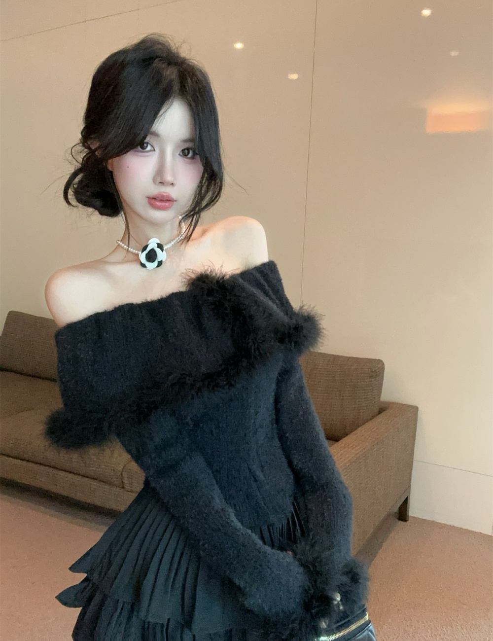 Ostrich hair knitted temperament lapel flat shoulder tops