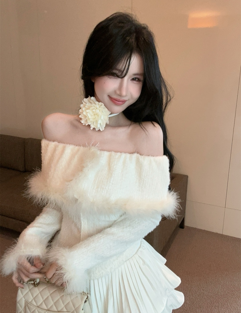 Ostrich hair knitted temperament lapel flat shoulder tops