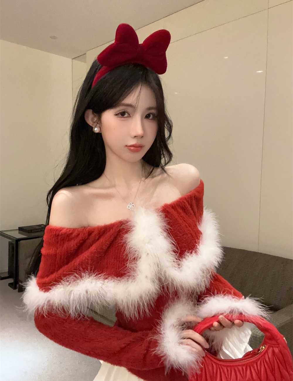 Flat shoulder lapel elmo christmas mink hair tops