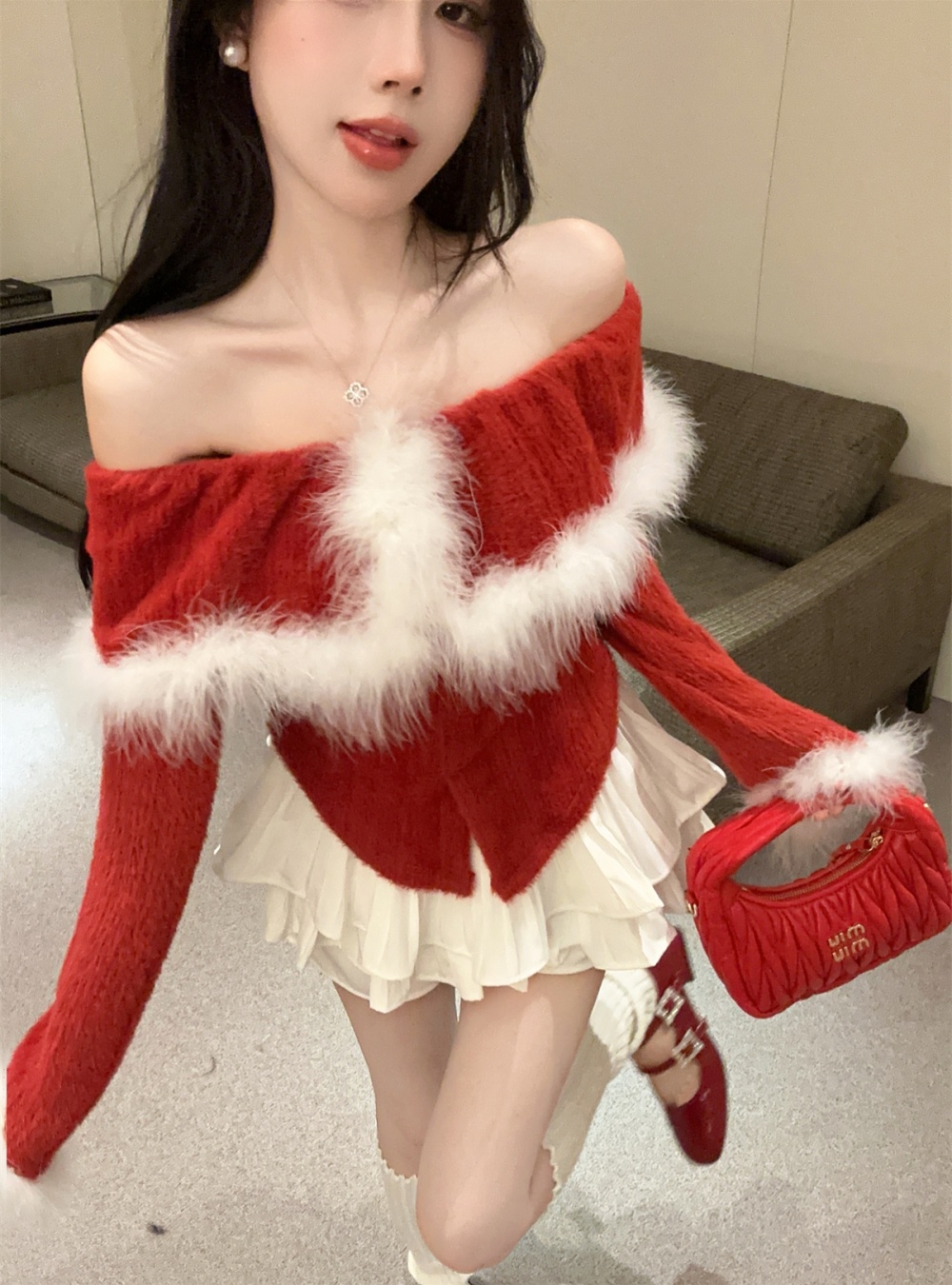 Flat shoulder lapel elmo christmas mink hair tops