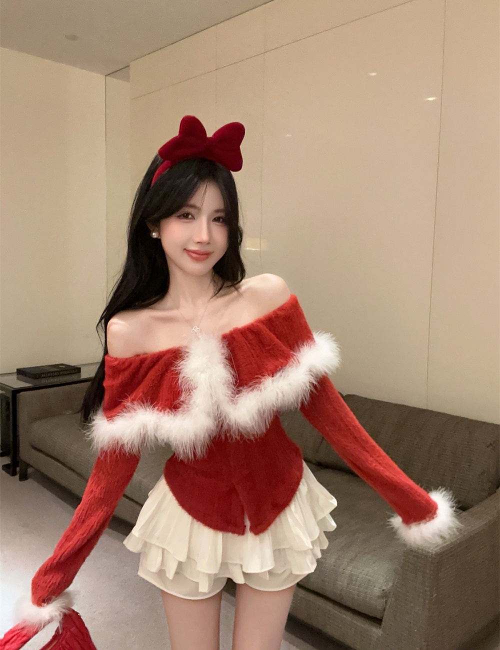 Flat shoulder lapel elmo christmas mink hair tops