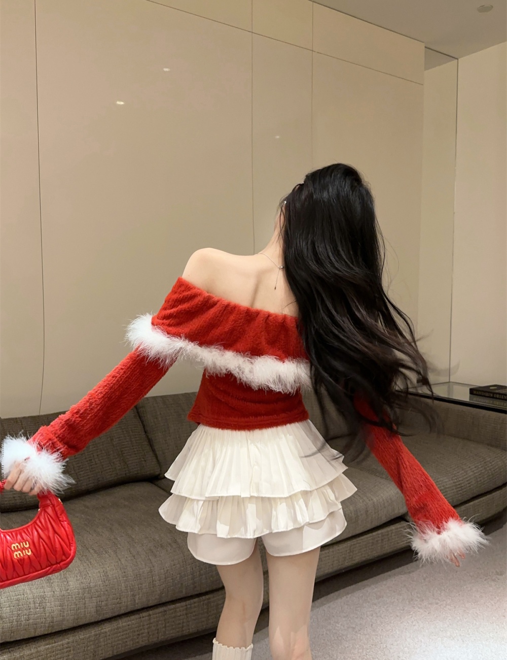 Flat shoulder lapel elmo christmas mink hair tops