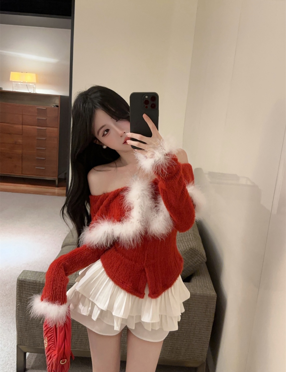 Flat shoulder lapel elmo christmas mink hair tops