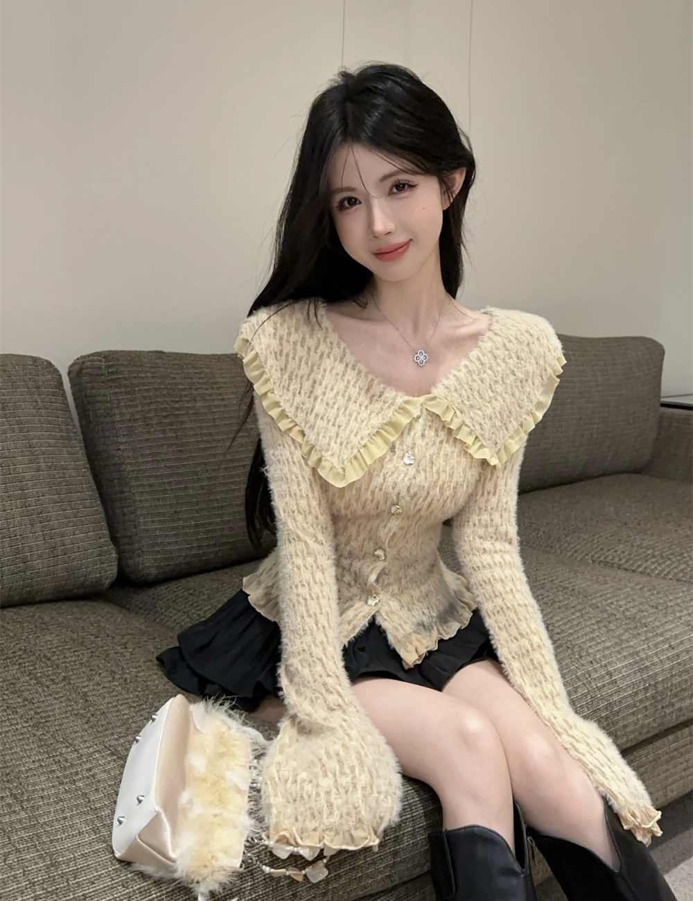 Trumpet sleeves temperament doll collar tops