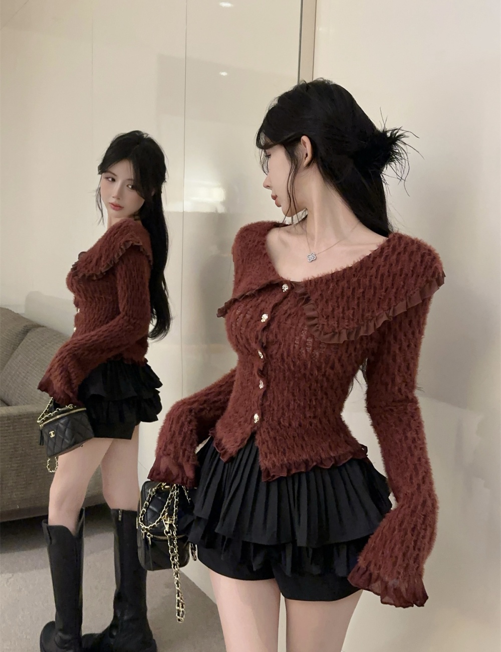 Trumpet sleeves temperament doll collar tops