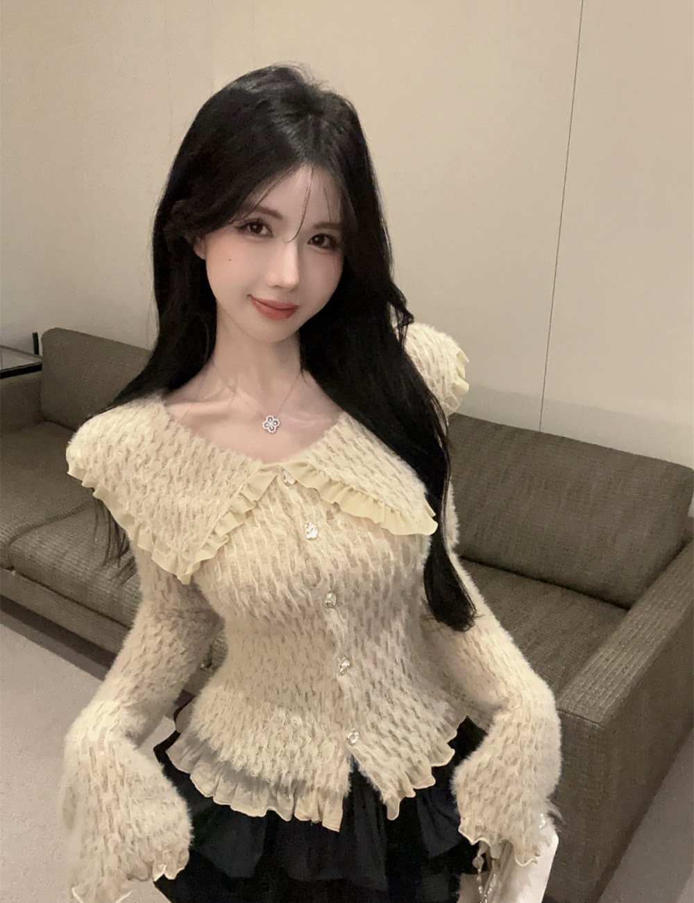 Trumpet sleeves temperament doll collar tops