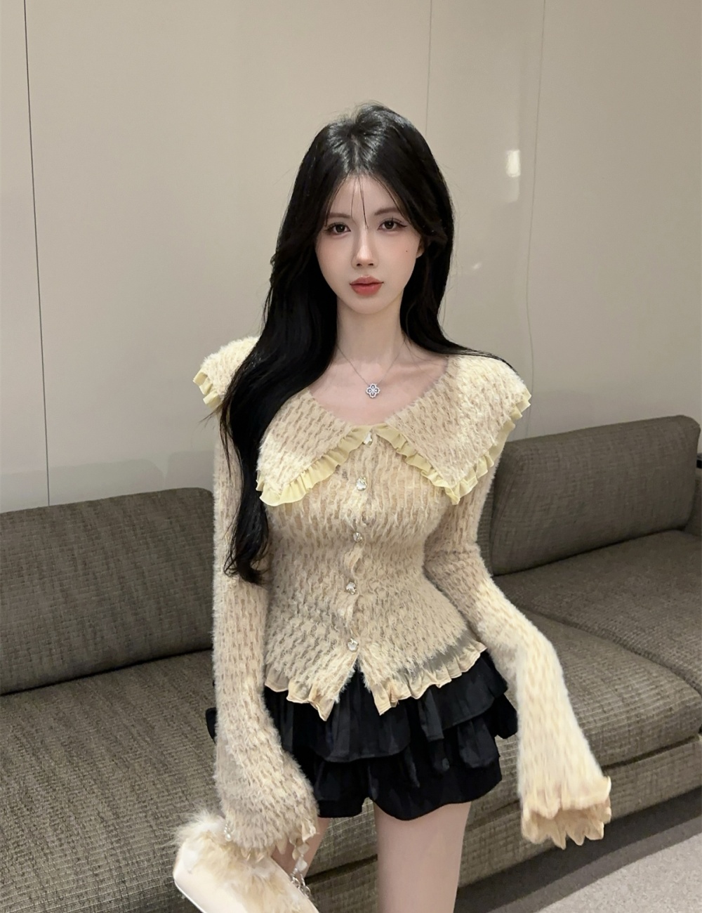 Trumpet sleeves temperament doll collar tops