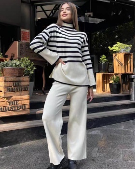 Stripe high collar sweater 2pcs set for women