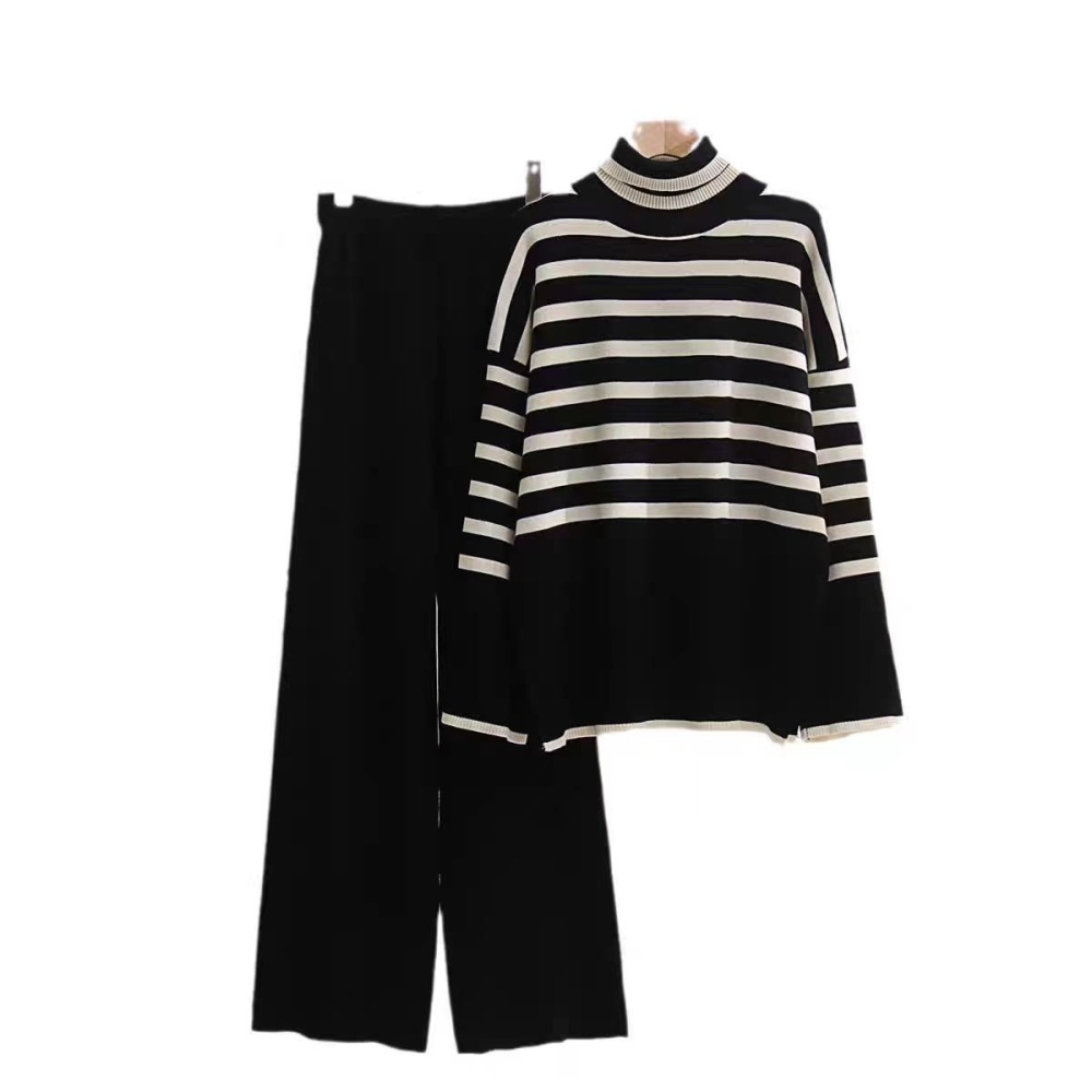 Stripe high collar sweater 2pcs set for women