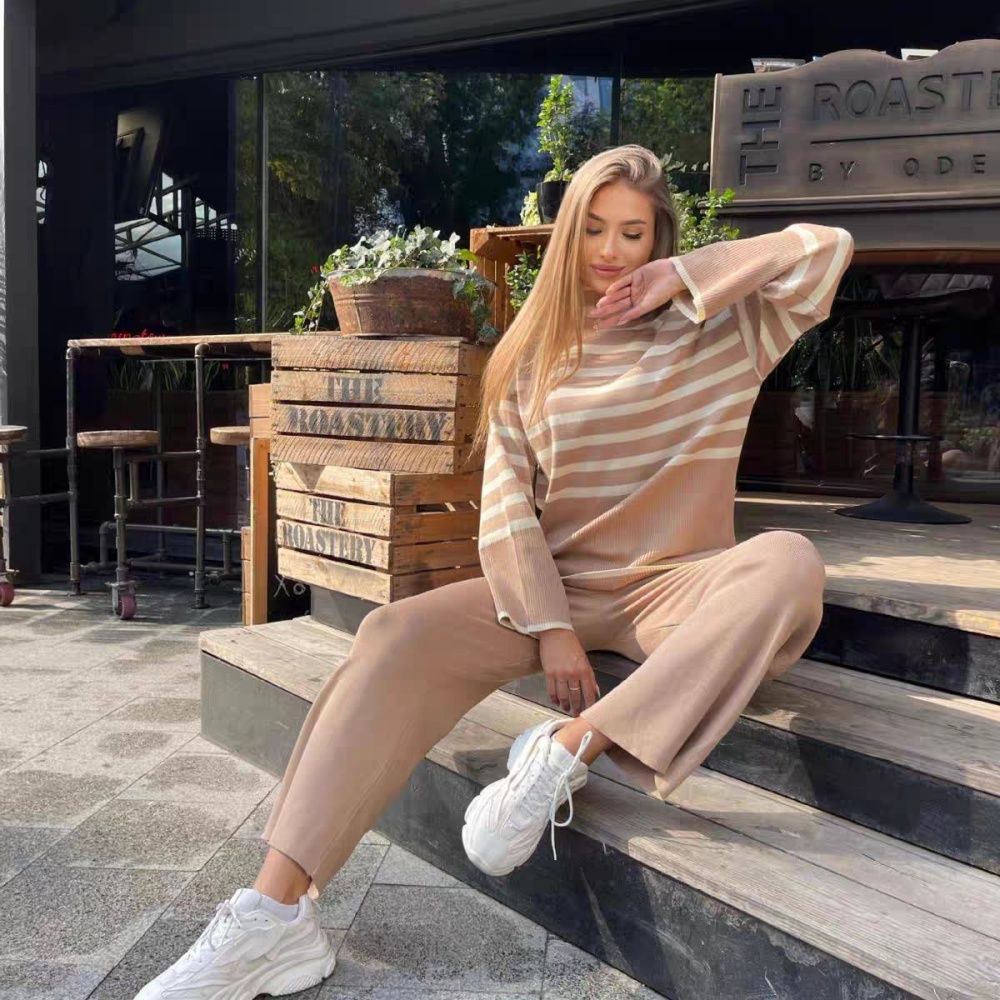 Stripe high collar sweater 2pcs set for women