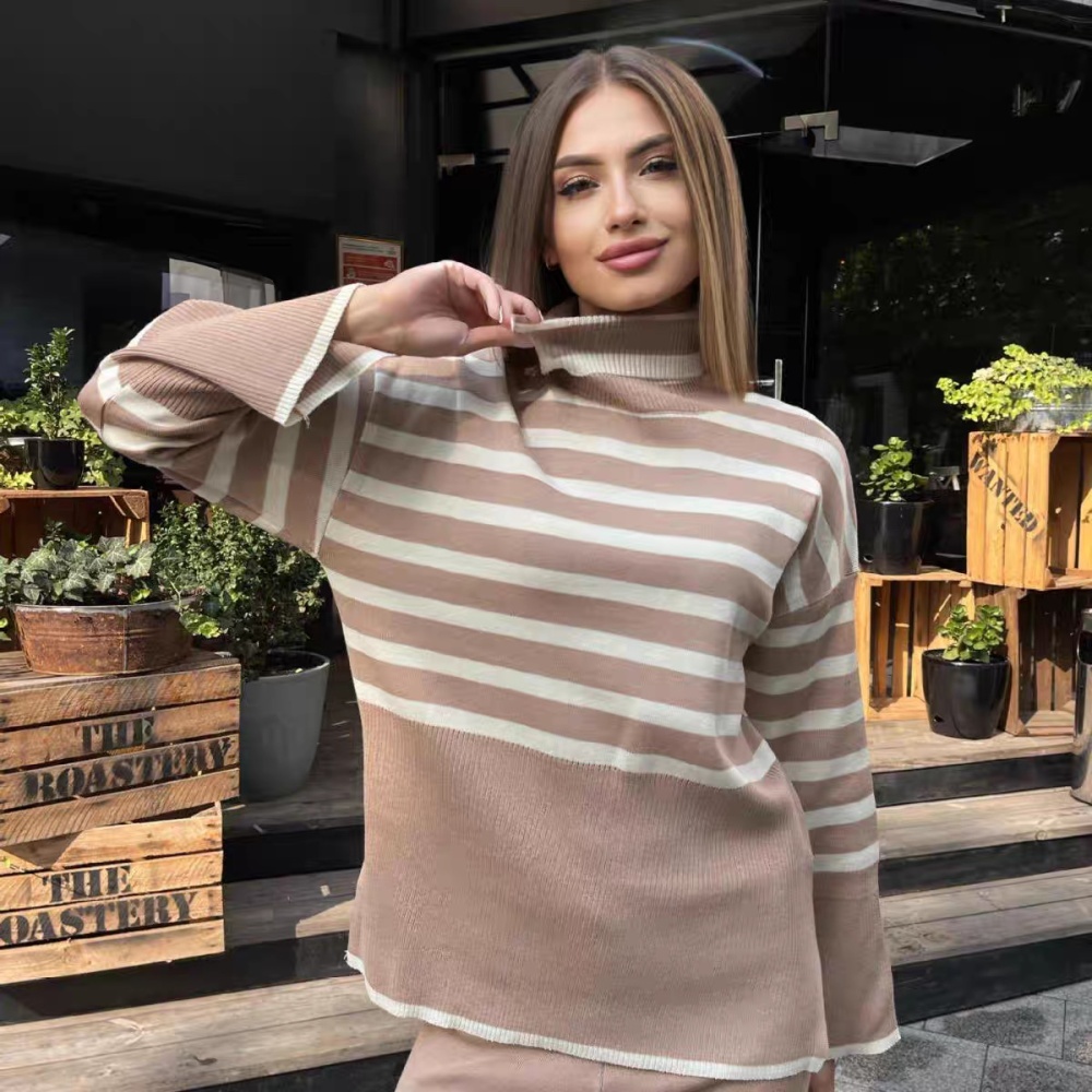 Stripe high collar sweater 2pcs set for women