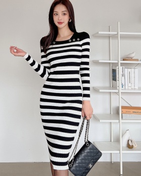 Stripe hip dress long sleeve T-back for women