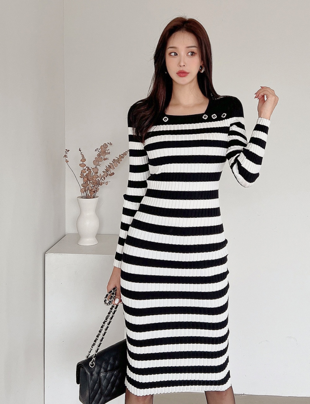 Stripe hip dress long sleeve T-back for women