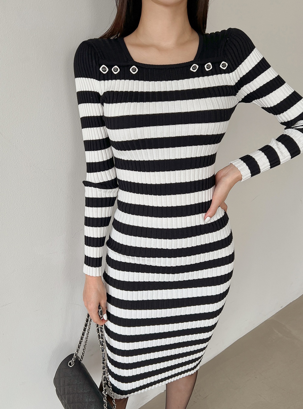 Stripe hip dress long sleeve T-back for women