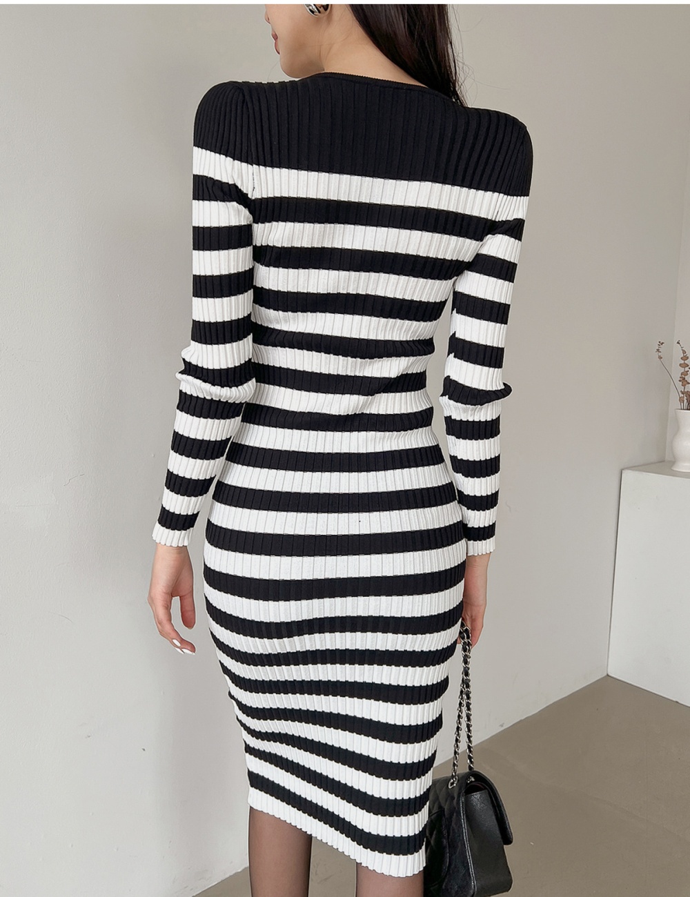 Stripe hip dress long sleeve T-back for women