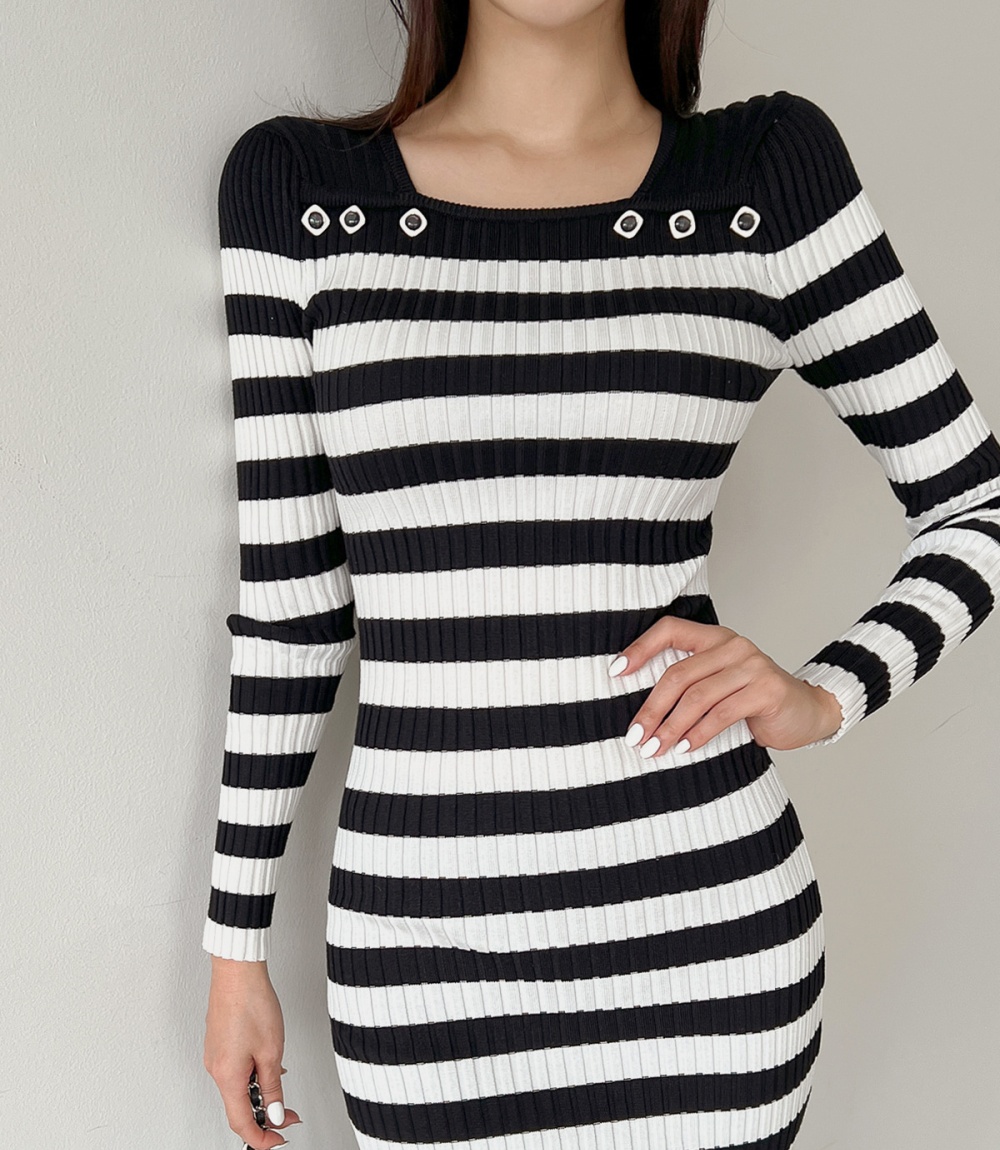 Stripe hip dress long sleeve T-back for women