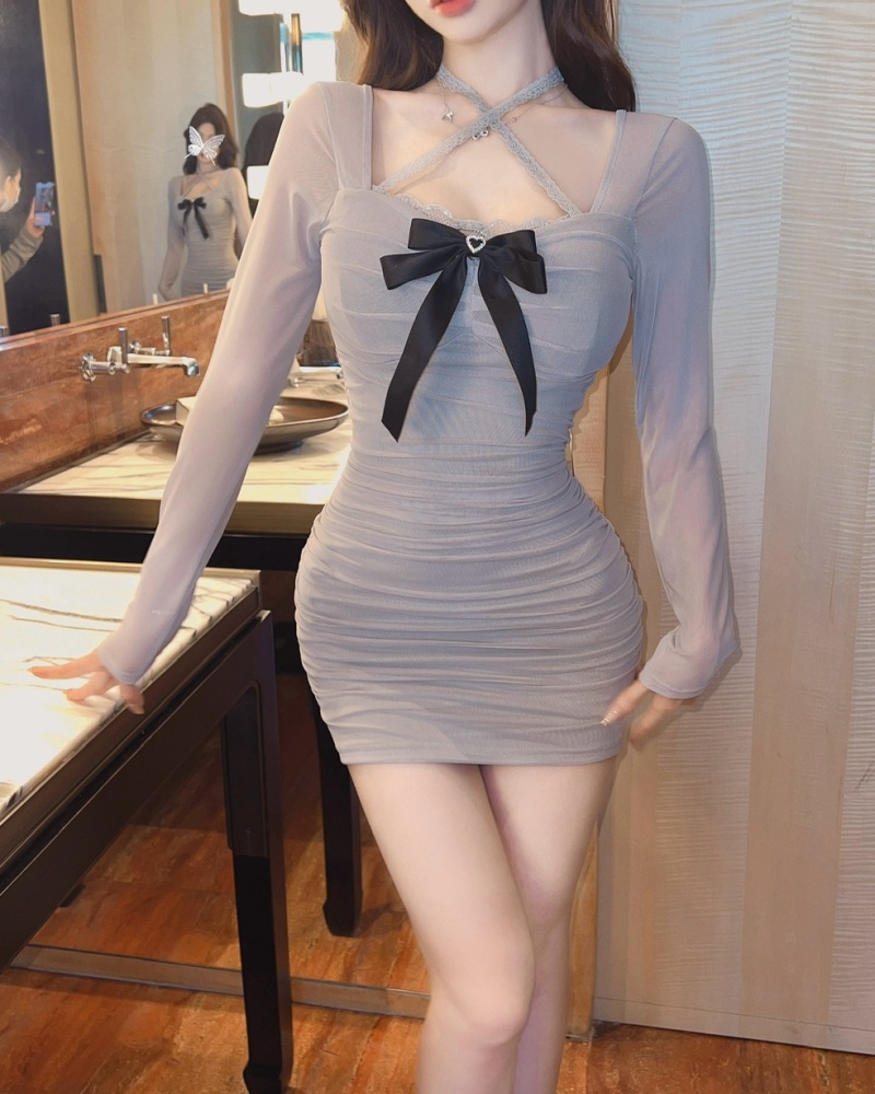 Package hip sexy bow splice lace long sleeve bottoming jumpsuit