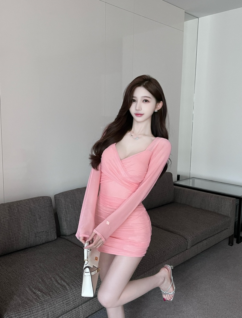 Long sleeve sexy gauze tight bottoming short dress