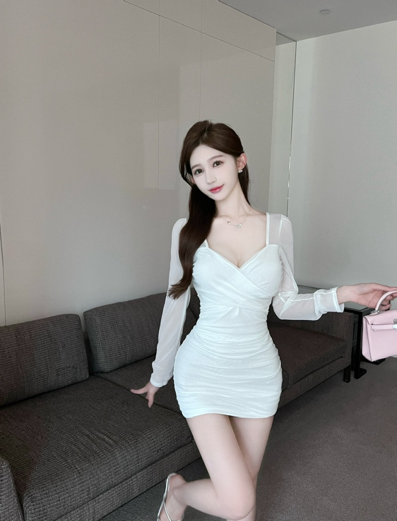 Long sleeve sexy gauze tight bottoming short dress