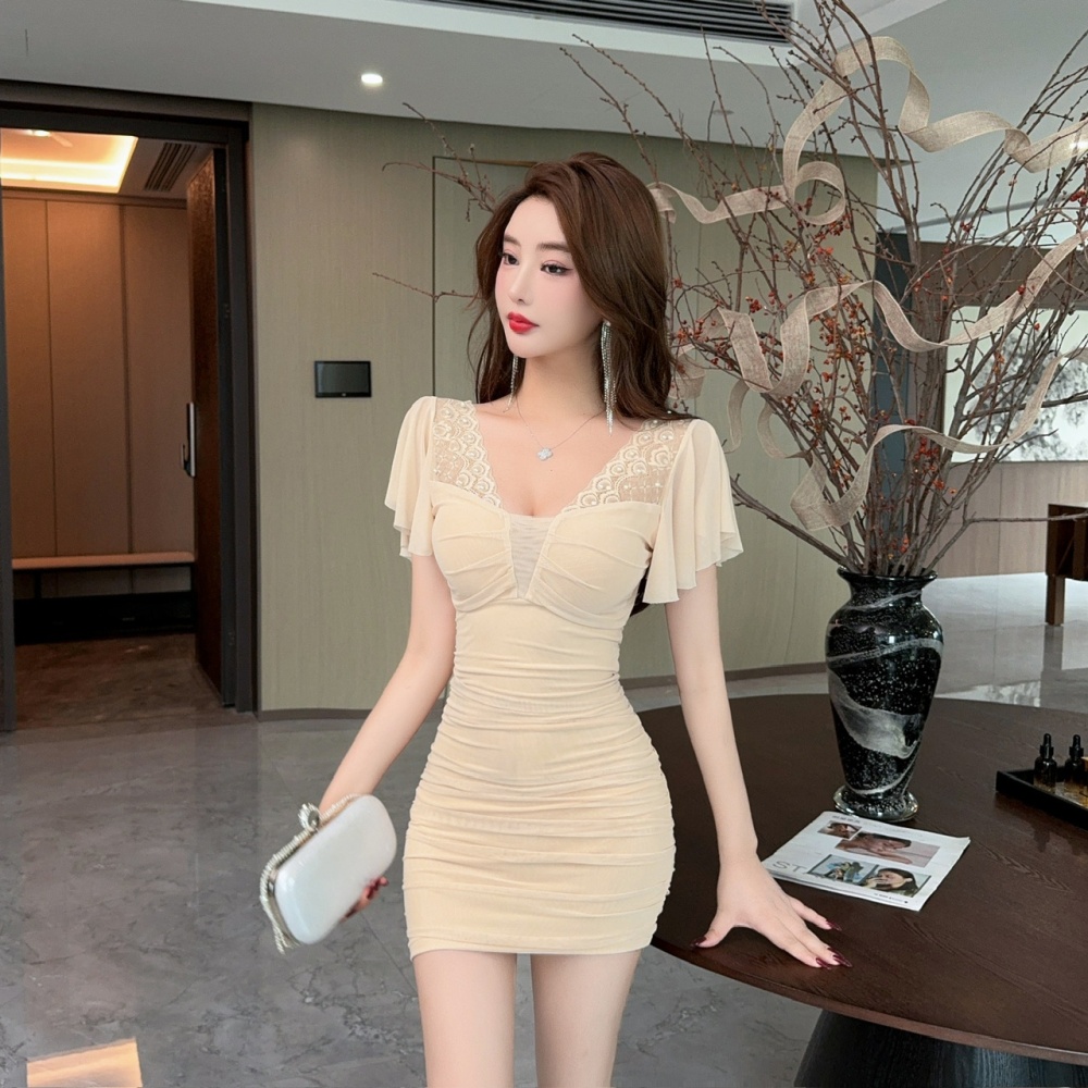 Splice short package hip bottoming lace gauze dress