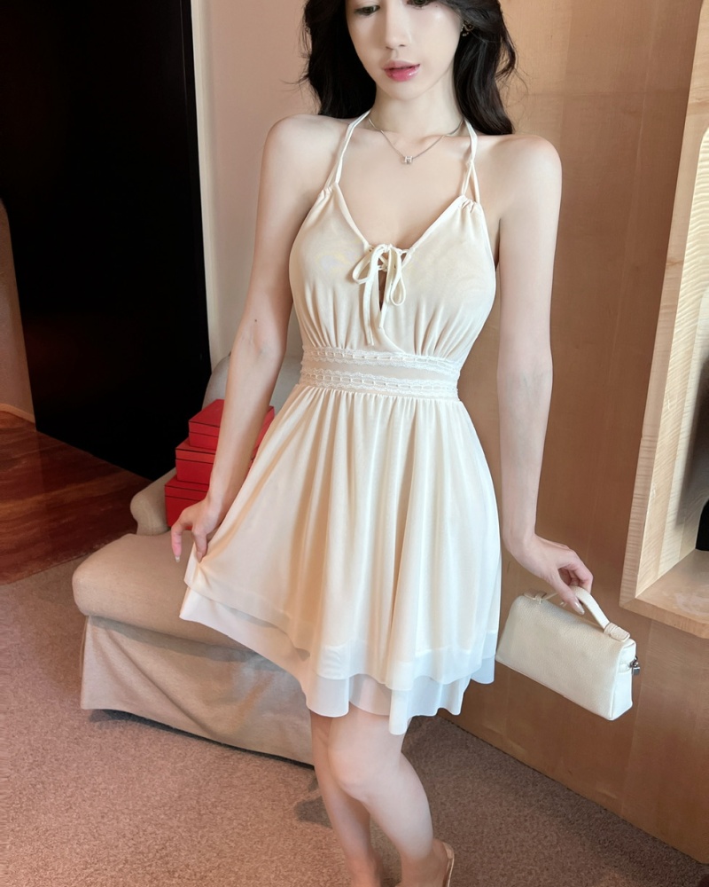 Pinched waist big skirt slim sexy gauze sling short halter dress