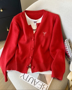 Bow Pseudo-two red sweater lazy Korean style cardigan