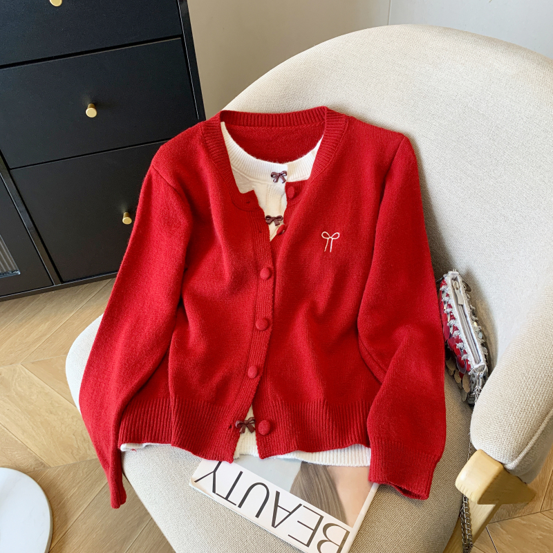 Bow Pseudo-two red sweater lazy Korean style cardigan