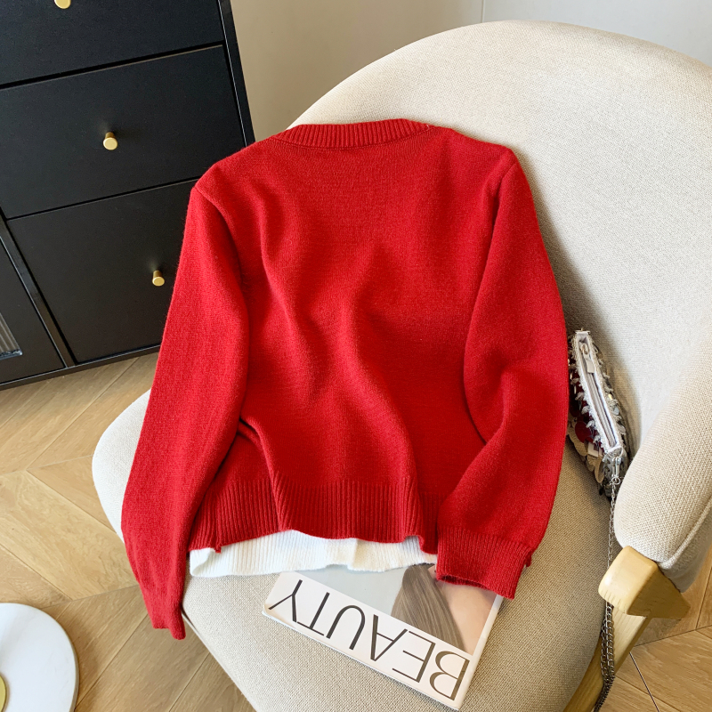 Bow Pseudo-two red sweater lazy Korean style cardigan