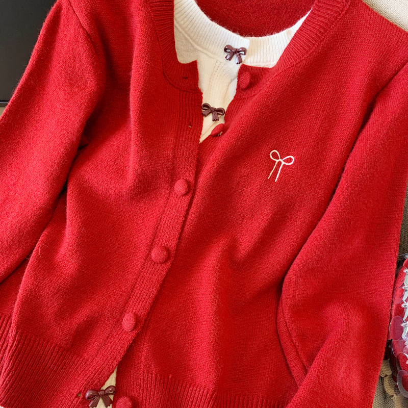 Bow Pseudo-two red sweater lazy Korean style cardigan