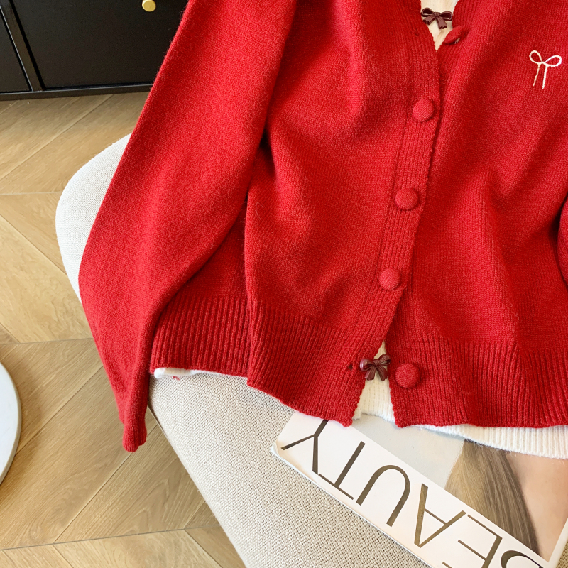 Bow Pseudo-two red sweater lazy Korean style cardigan