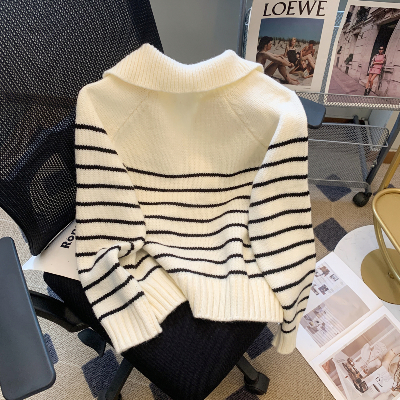 Loose all-match half zip short stripe sweater for women