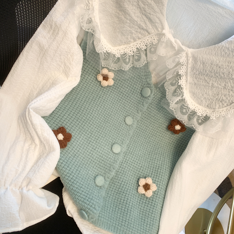 Knitted doll collar tops France style shirt 2pcs set