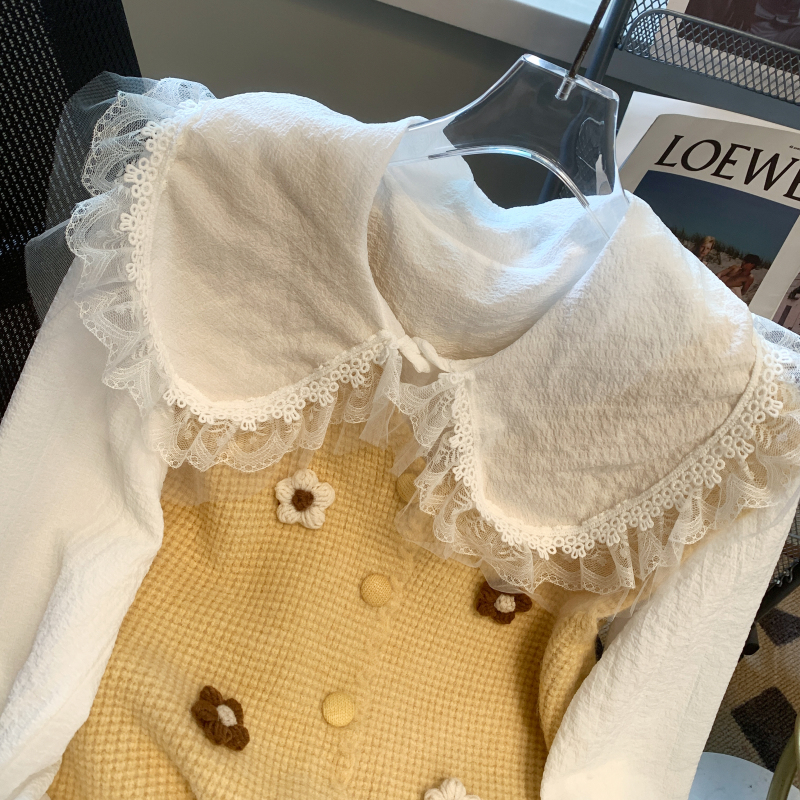 Knitted doll collar tops France style shirt 2pcs set