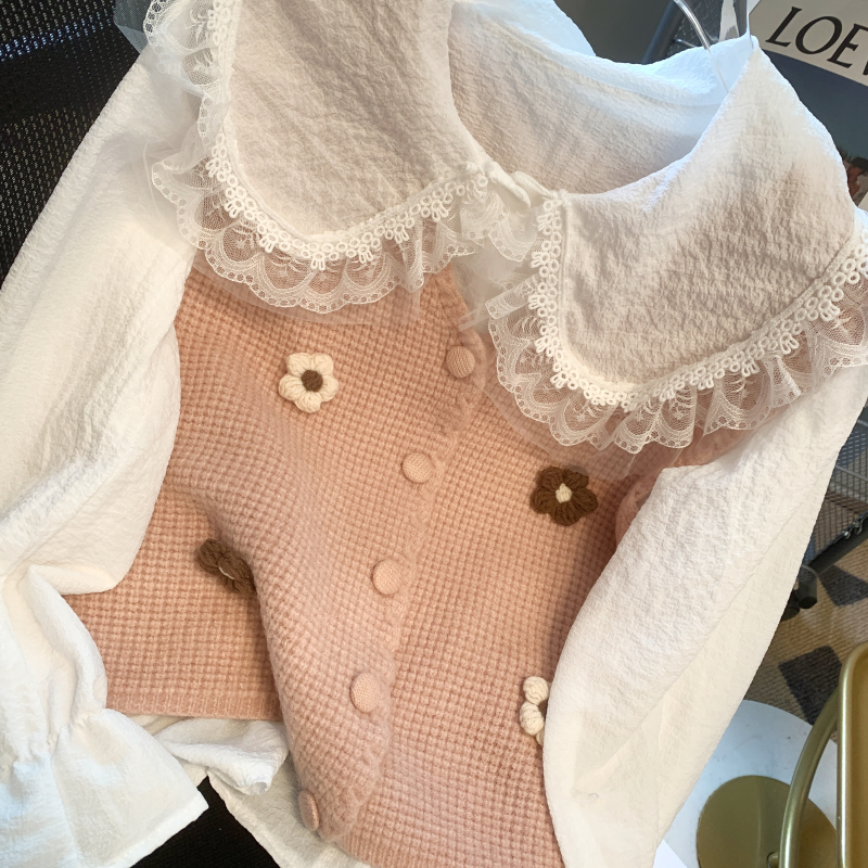 Knitted doll collar tops France style shirt 2pcs set