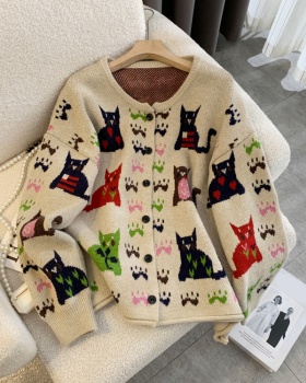 Autumn round neck cartoon cardigan thick kitten sweater