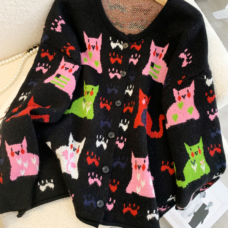 Autumn round neck cartoon cardigan thick kitten sweater