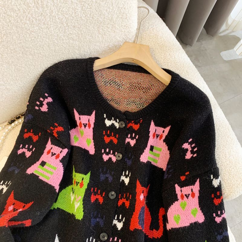 Autumn round neck cartoon cardigan thick kitten sweater