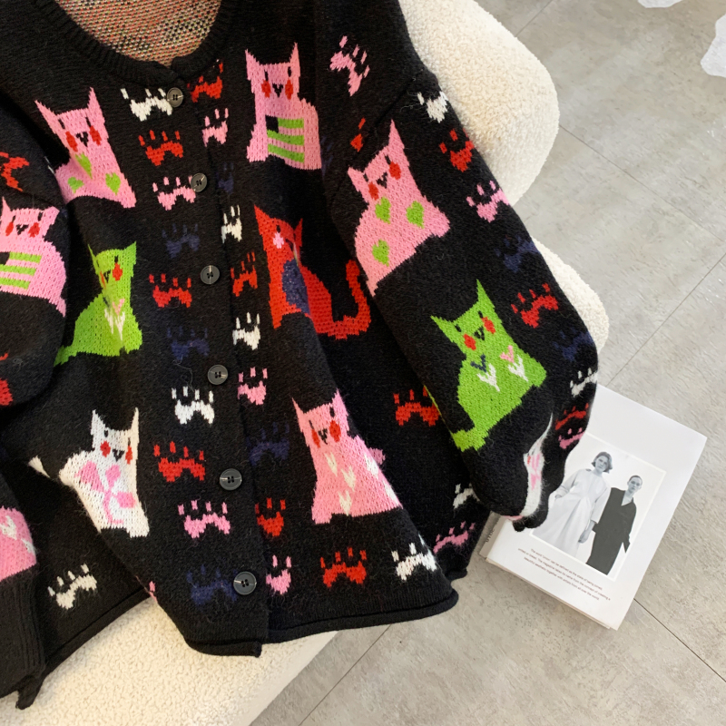 Autumn round neck cartoon cardigan thick kitten sweater